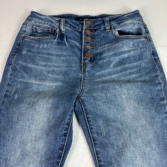 Risen Jeans Women 30x28* High Rise Flare Blue Faded Stretch Raw Hem Denim Tag 29 - Picture 2 of 16